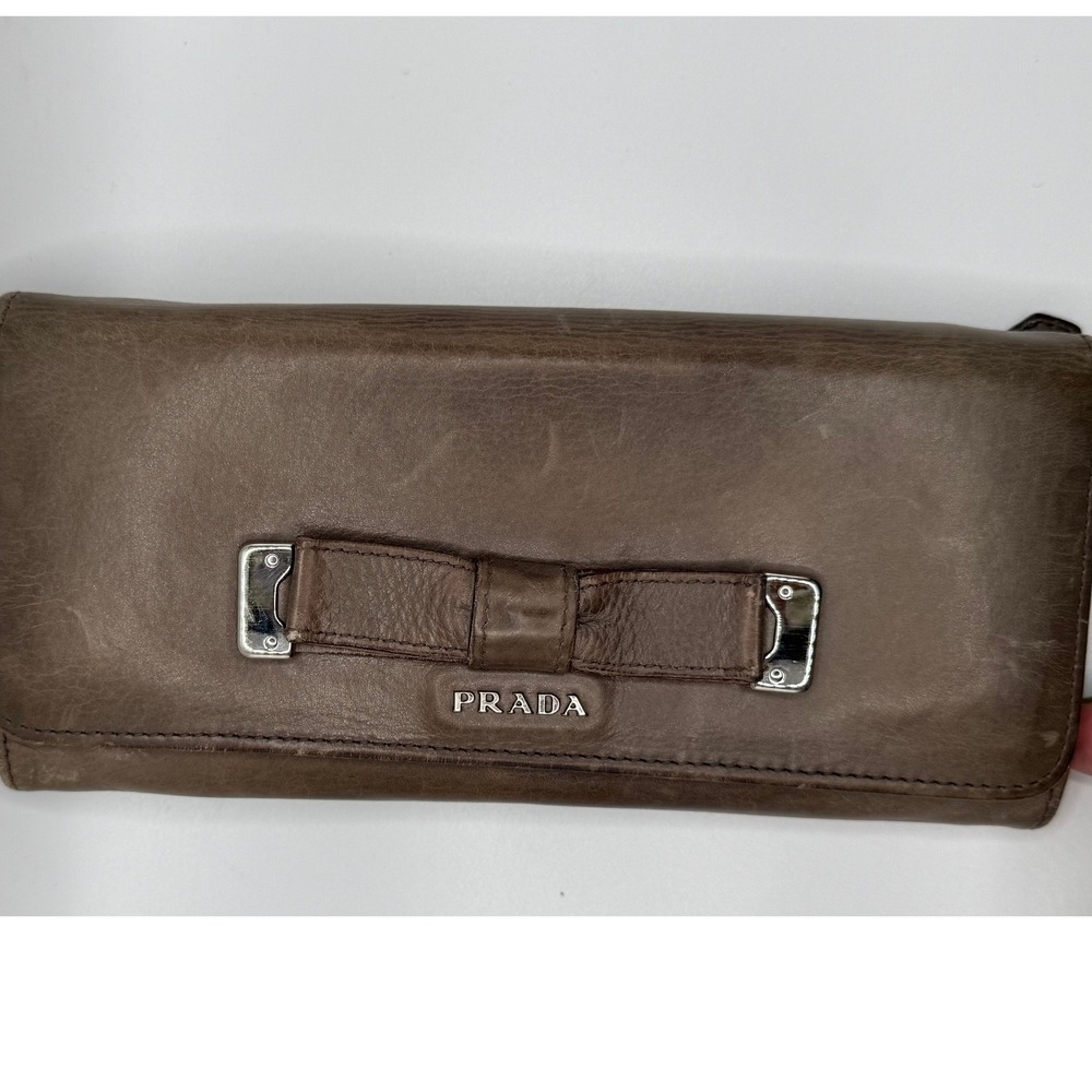 Prada Brown Leather Clutch Wallet with Bow Detail and Silver Hardware